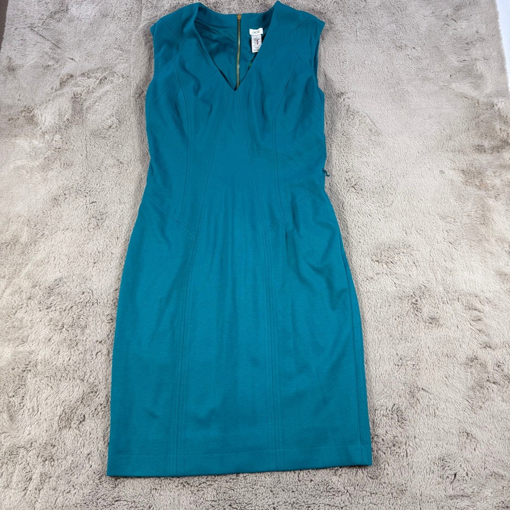 Cache Teal‎ Blue Sleeveless Sheath Dress V-Neck Career Cocktail Women Size 14